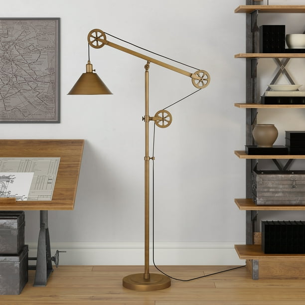 Modern Industrial Pulley System Floor Lamp in brass with metal shade