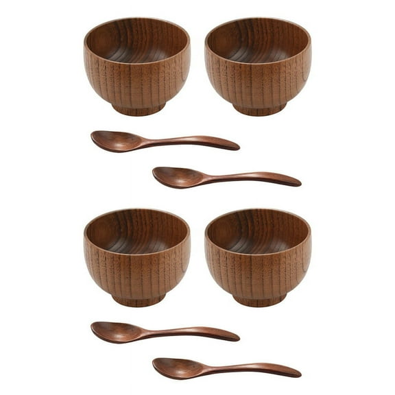 8 Pieces Wooden Handmade Bowl and Spoon for For Rice Serving Home Kitchen Tableware,4 x bowls 4 x spoons,Wood color