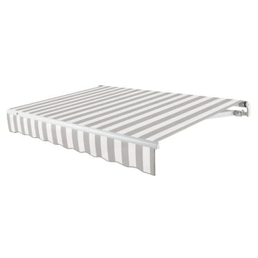 Awntech 14 Ft Maui Left Motorized Heavy Duty Patio Retractable Awning (168in x 9.25in x 120in), Gray/White Stripe