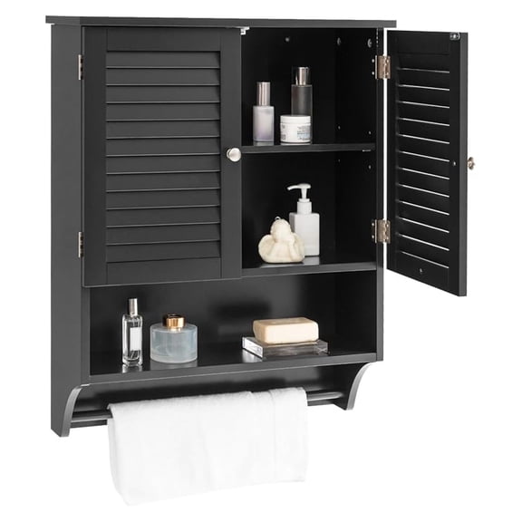 Bathroom Cabinet Wall Mounted - Hanging Medicine Cabinet with 2 Louvered Doors, 3-Position Adjustable Shelf, Towel Bar, Over The Toilet Space Saver (Black)