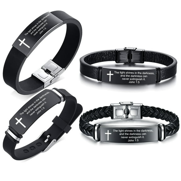 4Pcs John 1 5 Men's Inspirational Bible Verse Bracelets Leather Silicone Cuff Bracelet Black Wristband Scripture Quote ID Jewelry Easter Baptism Confirmation Gift for Daily Reminder