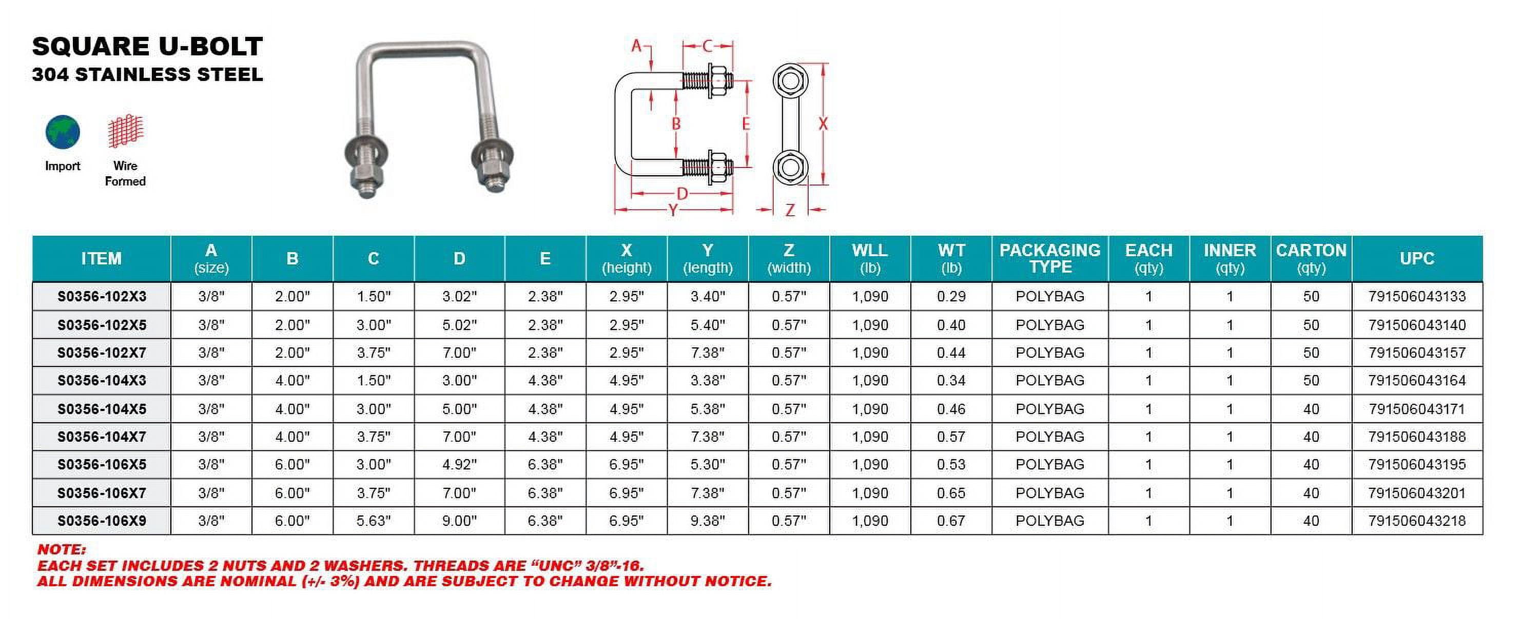 ONE STAINLESS SQUARE U-BOLT, 3/8", 2" X 5", 304 SS