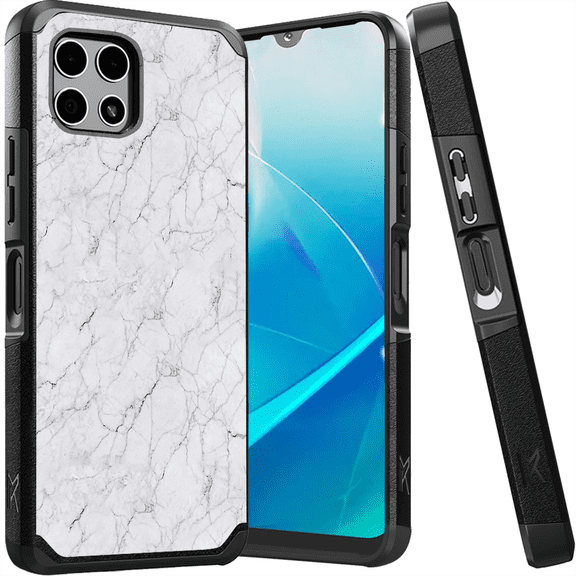 ANJ Shockproof Dual Layer Slim Hard Case Tempered Glass Cover Compatible with T-Mobile REVVL 7 5G - White Marbling