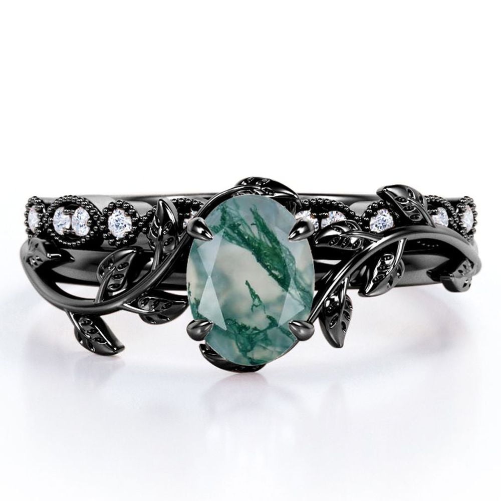 JeenMata Art Deco Filigree Milgrain - 1.5 Carat Egg Cut Genuine Dendritic Moss Green Agate and Moissanite - Beautiful Leaf Bridal Ring Set - 18K Black Gold Plating over Silver
