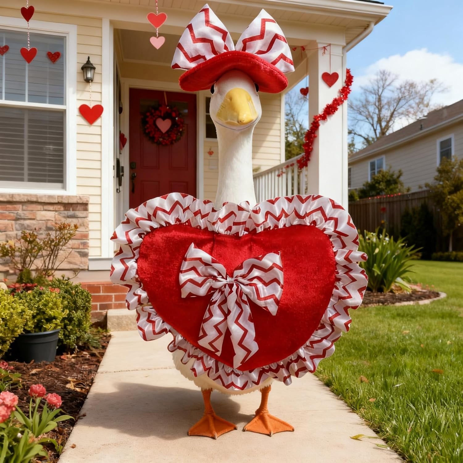 Valentine's Day Porch Goose Outfit, Goose Costume Red Heart Goose Statues Clothes, Valentines Day Decorations for Porch Lawn Yard Garden Outdoor Decor (Pink)