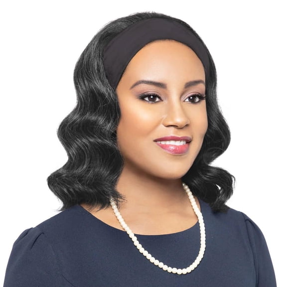 Foxy Silver Wigs Iris Headband Wig Color 1 Black - 12" Long Wavy Head Band Shoulder Length Fusion Heat Friendly Synthetic Fiber Womens Lightweight Bundle Maxwigs Hairloss Booklet