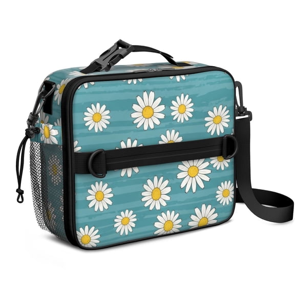 Daisy Pioneer Flower Green Pattern Insulated Lunch Bag with Shoulder Strap and Bottle Holder,Bento School Lunch Bag Box,11x9.5x3.5 Inches