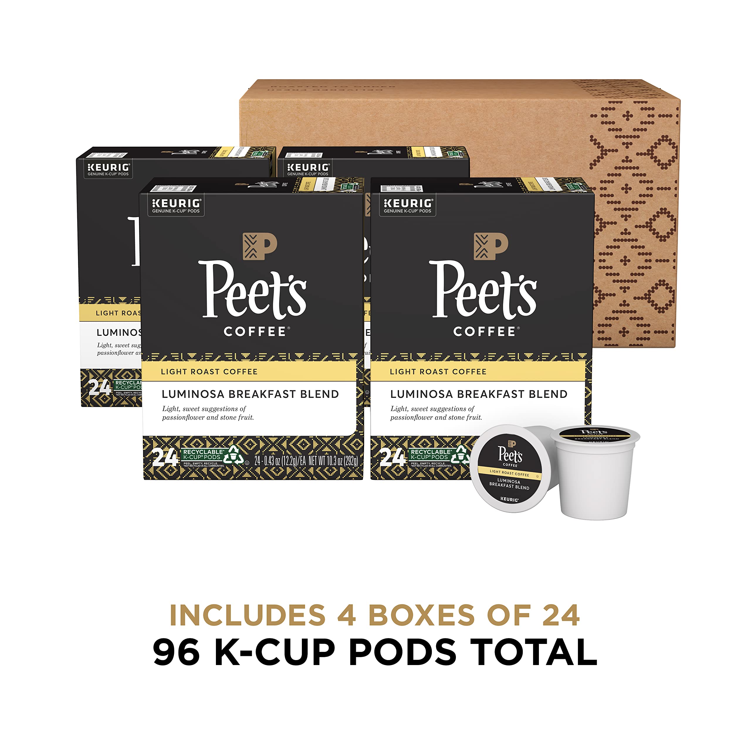 Peet's Coffee, Light Roast K-Cup Pods for Keurig Brewers - Luminosa Breakfast Blend 96 Count (4 Boxes of 24 K-Cup Pods)