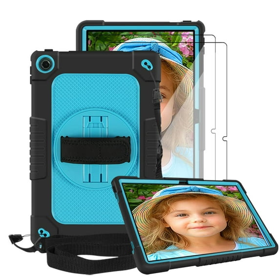 FIEWESEY Case for Lenovo Tab M10 Plus 3rd Gen 10.6 Inch,Shoulder Strap Hand Strap Rotatable Stand Kids Shockproof Cover for Lenovo Tab M10 Plus 3rd Gen 2022+Screen Protector(Black/Blue,2 Pcs)