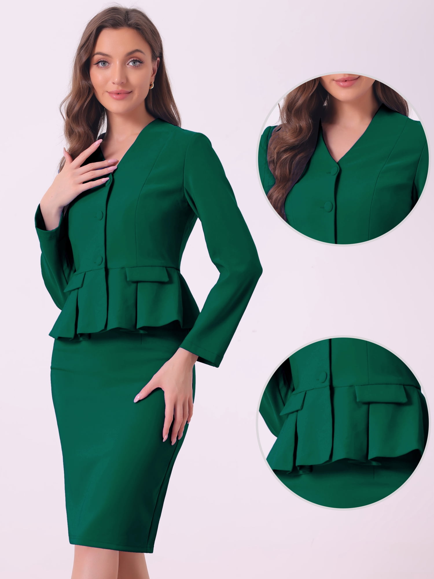 DARING DIVA Women's Collarless Peplum Blazer Sheath Skirts 2 Pcs Suit Set L Dark Green
