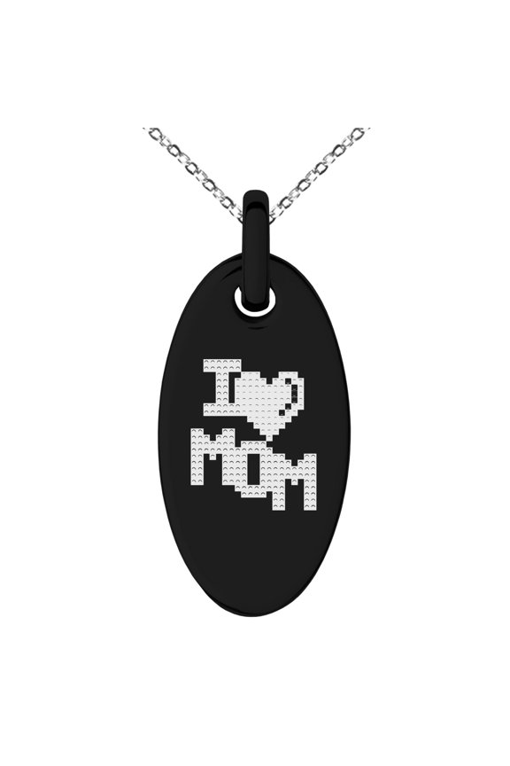 Black Stainless Steel Pixel I Heart Mom Small Oval Charm Pendant Necklace