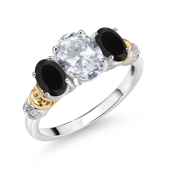 Gem Stone King 925 Sterling Silver and 10K Yellow Gold Oval White Topaz Black Onyx and White Diamond 3 Stone Ring for Women (2.33 Cttw, Gemstone November Birthstone, Size 7)