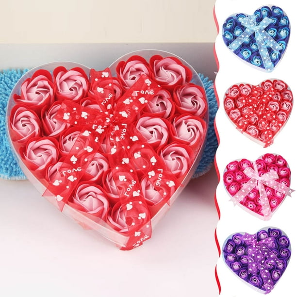 Rosas de jabón perfumadas a rosa rosa de 24 piezas - Caja de regalo en forma de corazón con cinta - 1,5" de diámetro - Recuerdos para bodas y fiestas