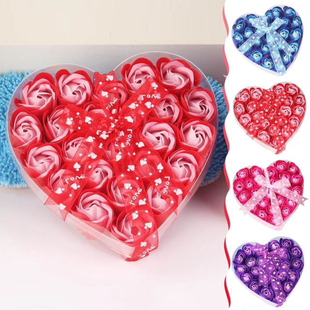 Jabón de Rosas, 24 Rosas Perfumadas En Tonos Rubor y Oro Rosa, Caja de Regalo En Corazón con Lazo, Decoración para Bodas, Aniversarios y Cumpleaños, Tamaño 8,9 X 8,9 X 3,8 Cm
