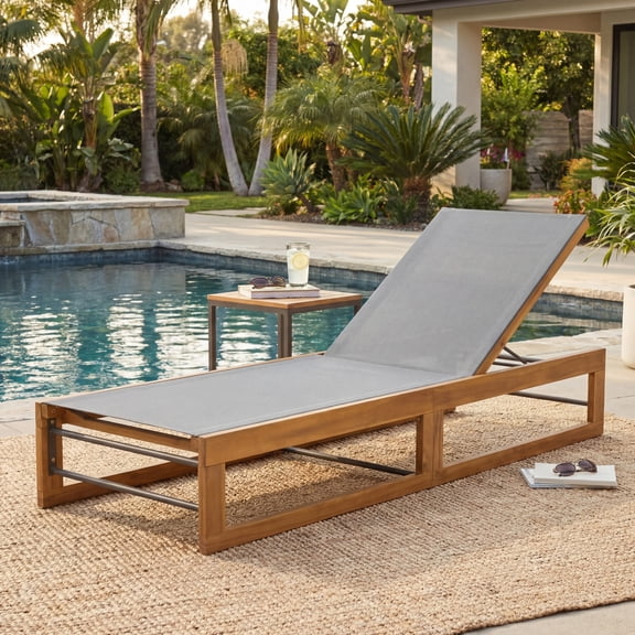 Christopher Knight Home Outdoor Acacia Wood Adjustable Chaise Lounge with Mesh Seat, Teak Dark Gray
