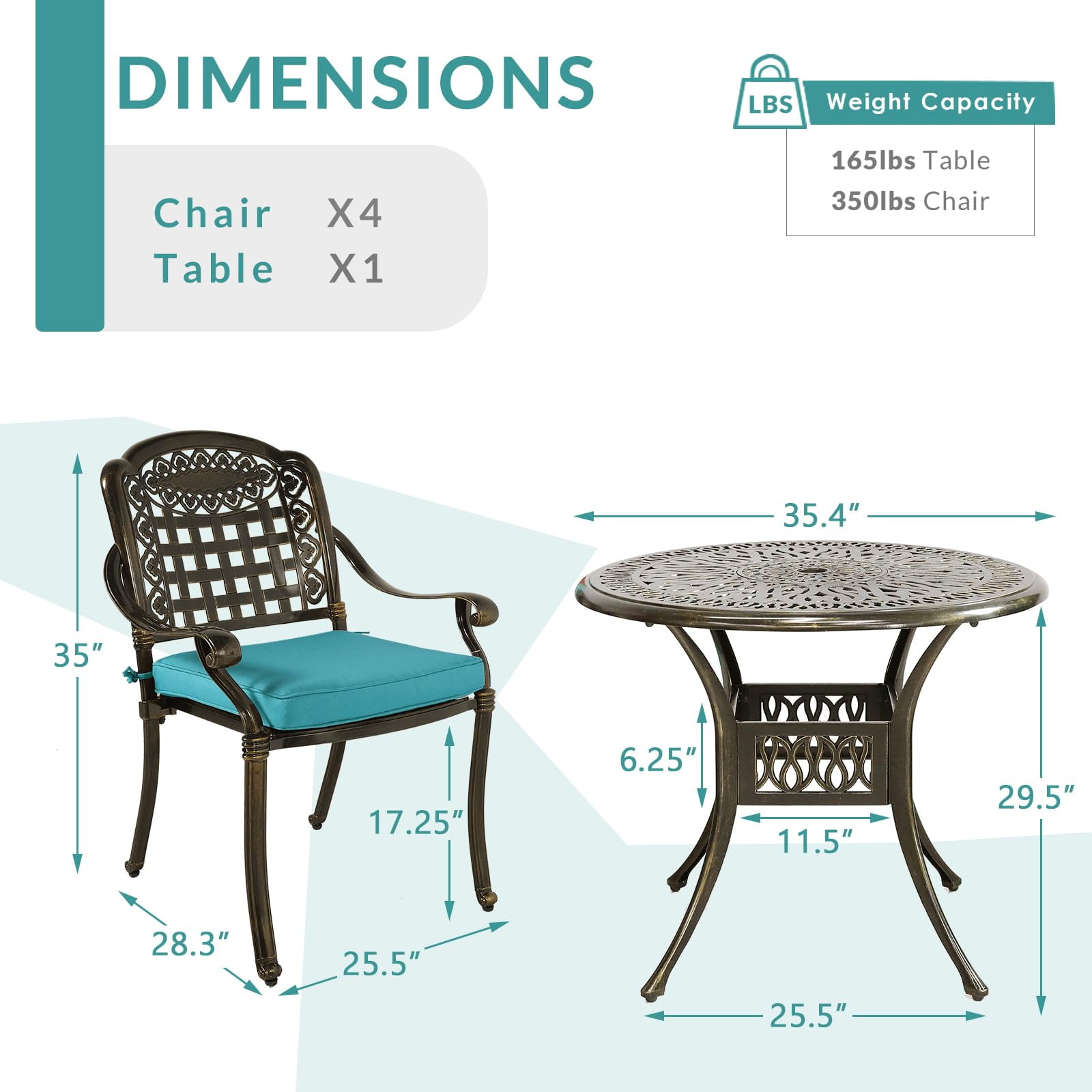 MEETWARM 5 Piece Patio Dining Set, Outdoor All-Weather Cast Aluminum Dining Table Set, Patio Furniture Set for Backyard, Include 4 Chairs with Cushions and a 35.4" Round Table, Ocean Blue