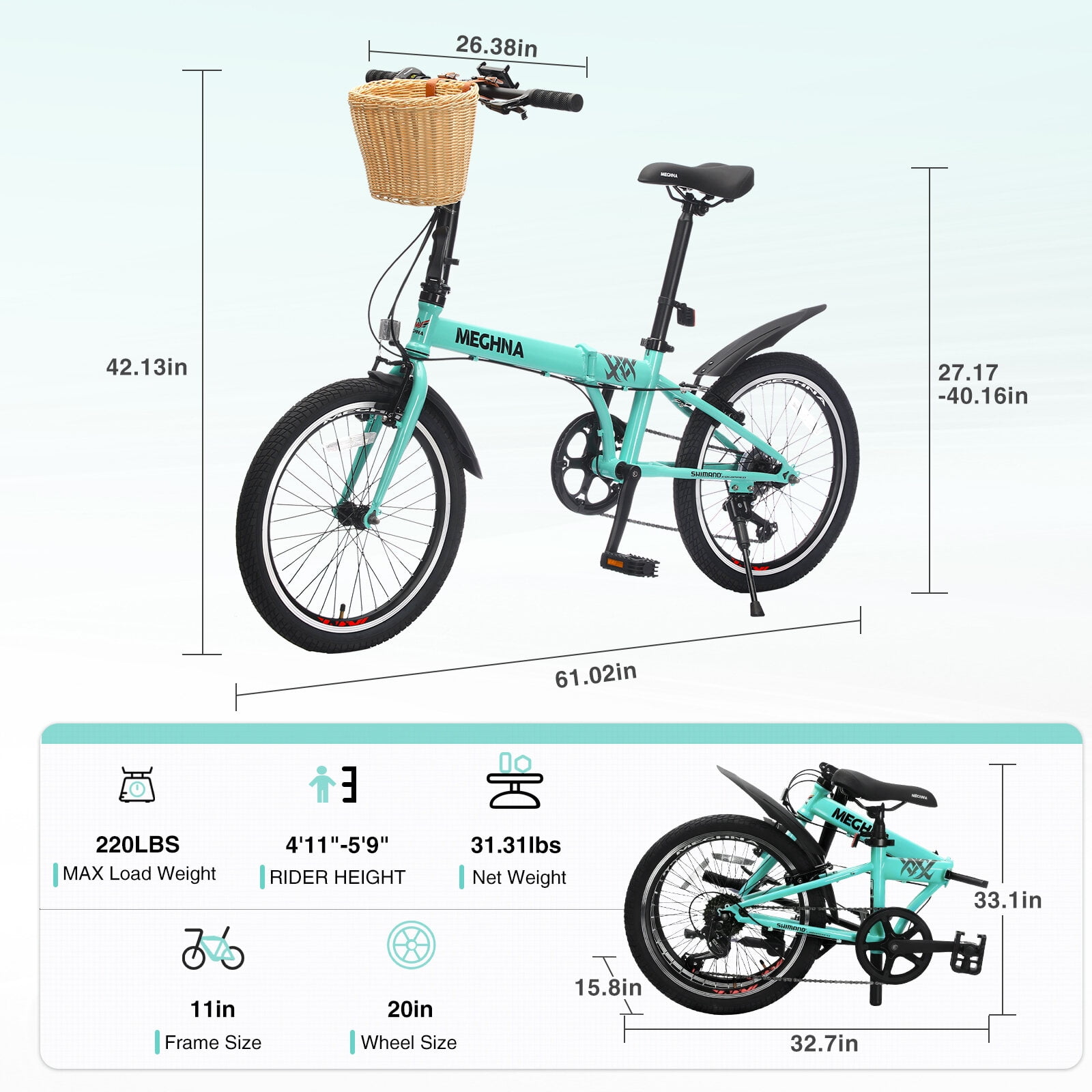 Mountain Bikes 20 Inch Folding Bike for Adults with Basket, Phone Holder & Fenders, Steel Frame 6-Speed City Commuter, Dual V-Brake Portable Compact Bicycle for Men & Women,Road Bikes