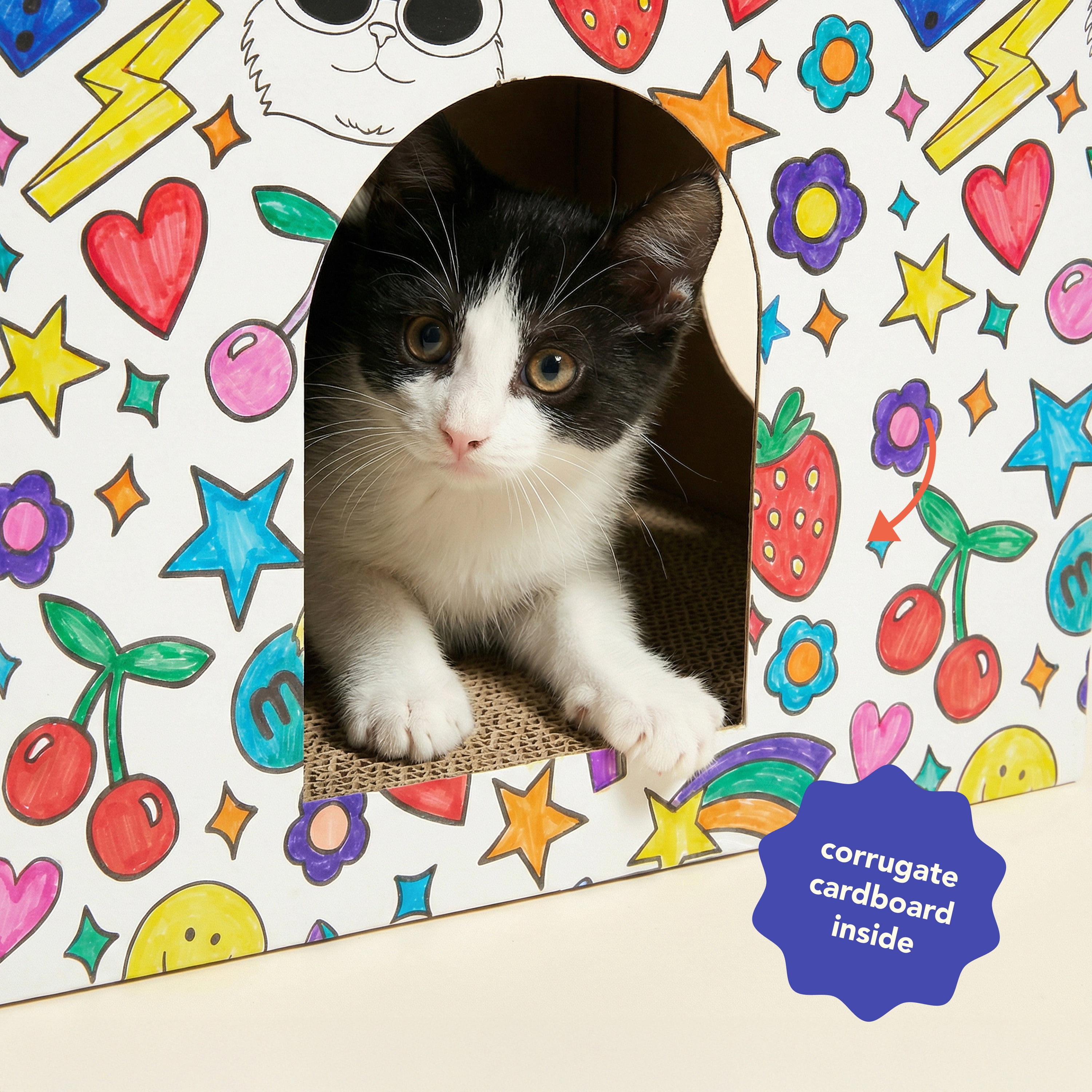 Oodles Customizable Doodle 1-Story Indoor Cardboard Cat Scratcher House with Durable Corrugated Scratching Pads, Multicolored, One Size