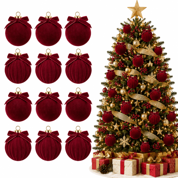 12Pcs Flocked Velvet Wine Red Christmas Ball Ornaments 2.36 in Bow Shatterproof Tree Hanging Decor Set for home Party Display