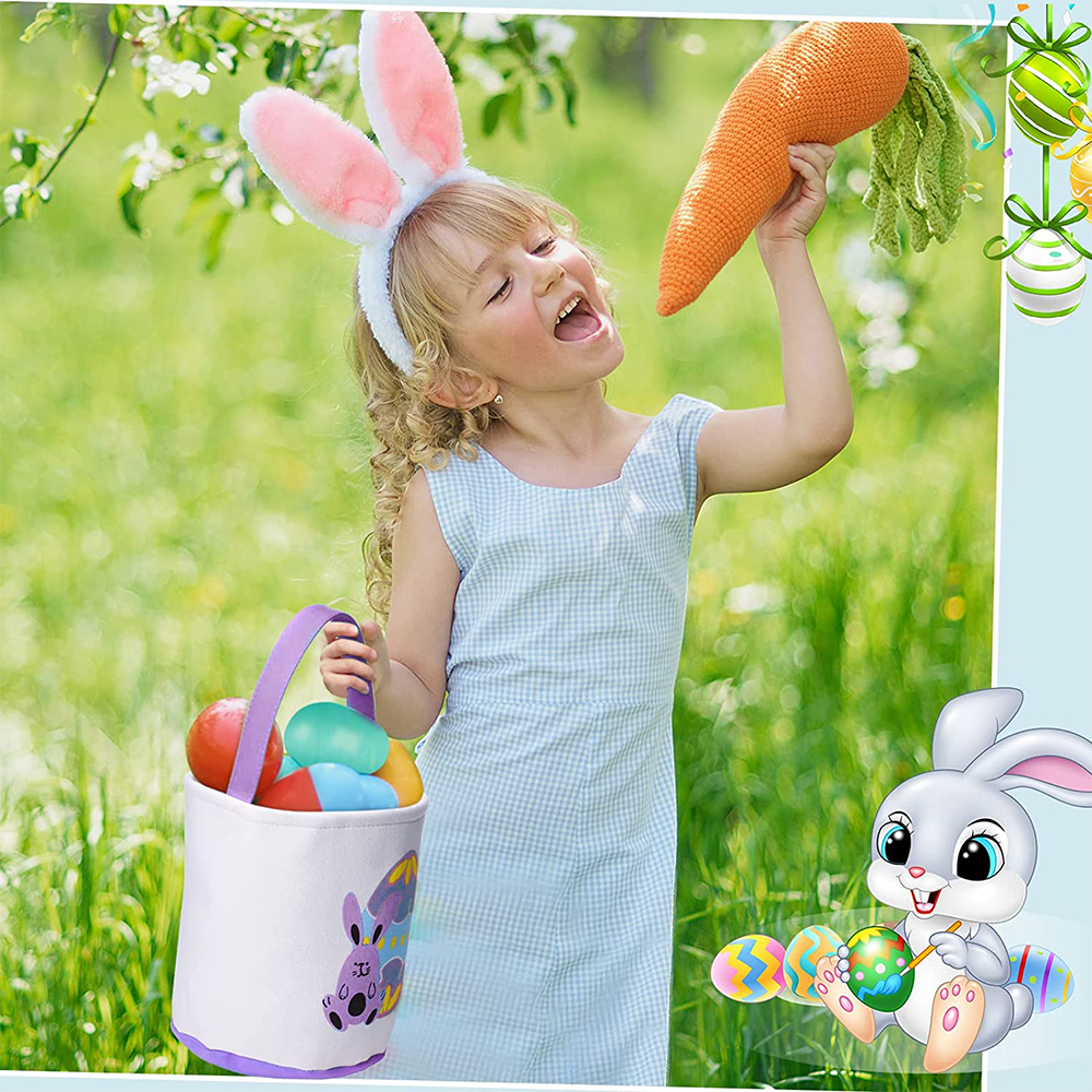 Movsou Easter Bunny Basket Bags for Kids Canvas Eggs Hunt Bag Rabbit Easter Basket for Kids Easter Hunting Purple - image 2 of 6
