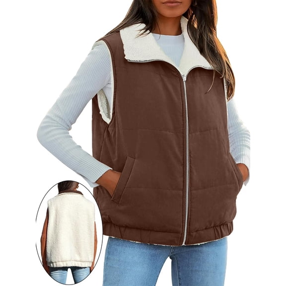 Cuteduck Women's Fleece Vest Zipper Reversible Jacket Fall Coat S-2XL