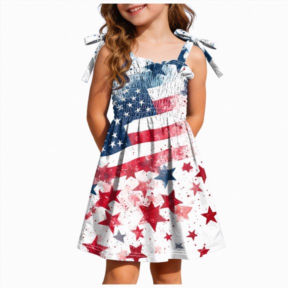 Xudanell Toddler Girls Dress 4th of July Straps Dresses American Stars Striped Sundress Independence Day Patriotic Outfits (Wine, 5-6 Years)