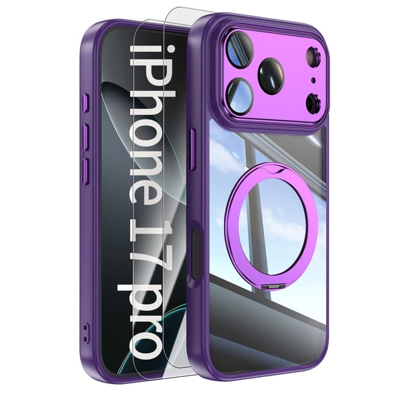Decase Clear Case for iPhone 17 Pro 2025,Shockproof Case with Rotate Metal Stand, Slim Transparent Back Cover,Rugged Shell with 2x HD Screen Glass Flim,Bulit-in Full Lens Protector,Darkpurple