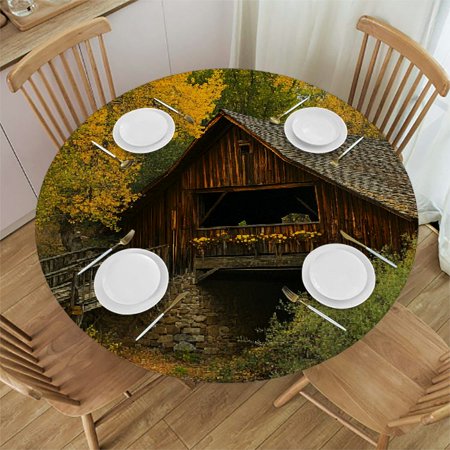 

Decorative Kitchen Dining Round Tablecloth - Fitted Elastic Tablecloths Indoor Outdoor Washable Reusable Table Cover for Picnic Party Room Dinner Decor Diameter: 36-41 inches(Leaves)