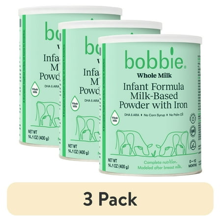 (3 pack) Bobbie Whole Milk Infant Formula for Everyday Feeding, Milk-Based Powder with 1.2mg Iron, Organic Grass-Fed Whole Milk Recipe, 14.1 oz Can