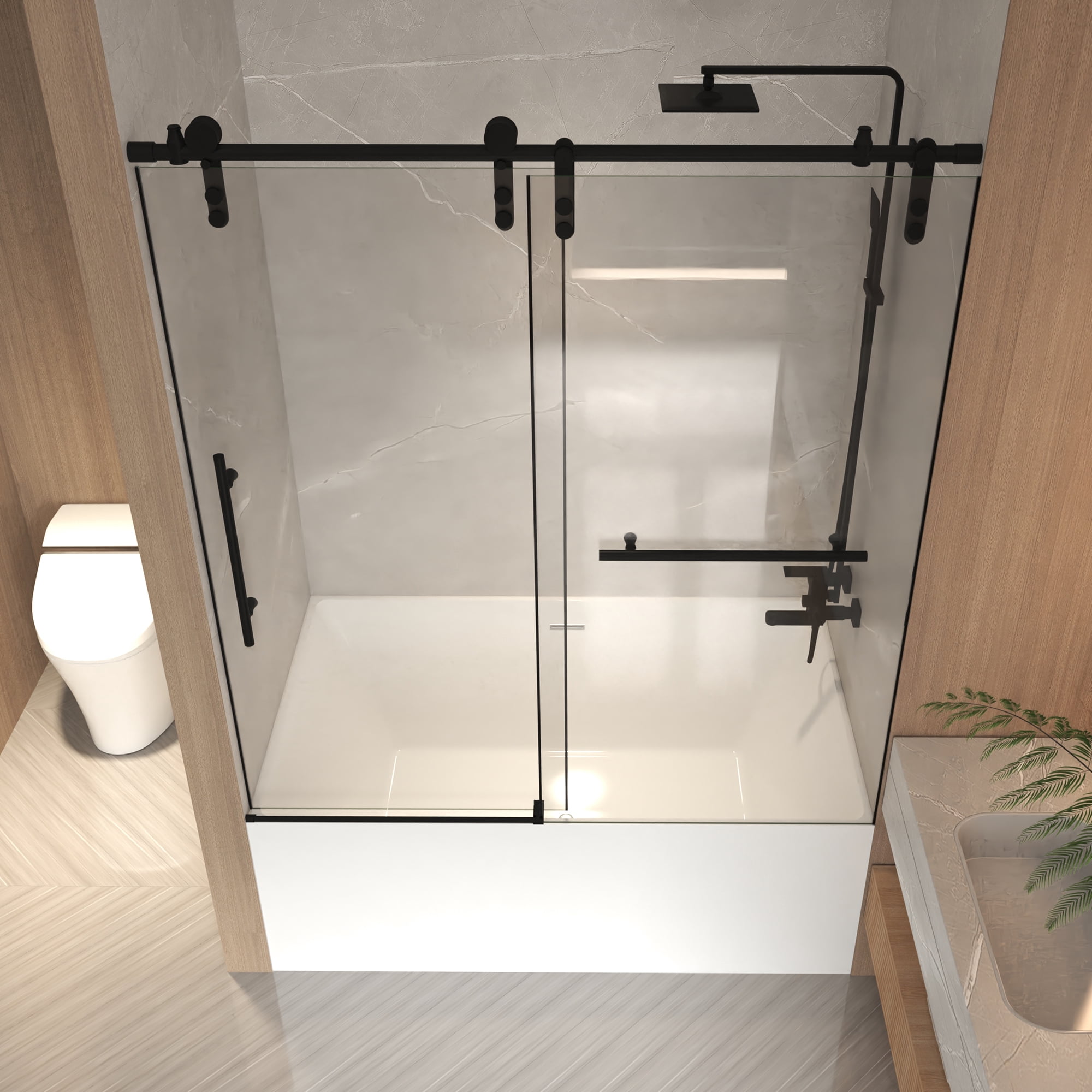 Leumius 56-60" x 66" H Frameless Sliding Shower Door,5/16" Clear Tempered Glass Sliding Shower Door,Stainless Steel Frame,Matte Black