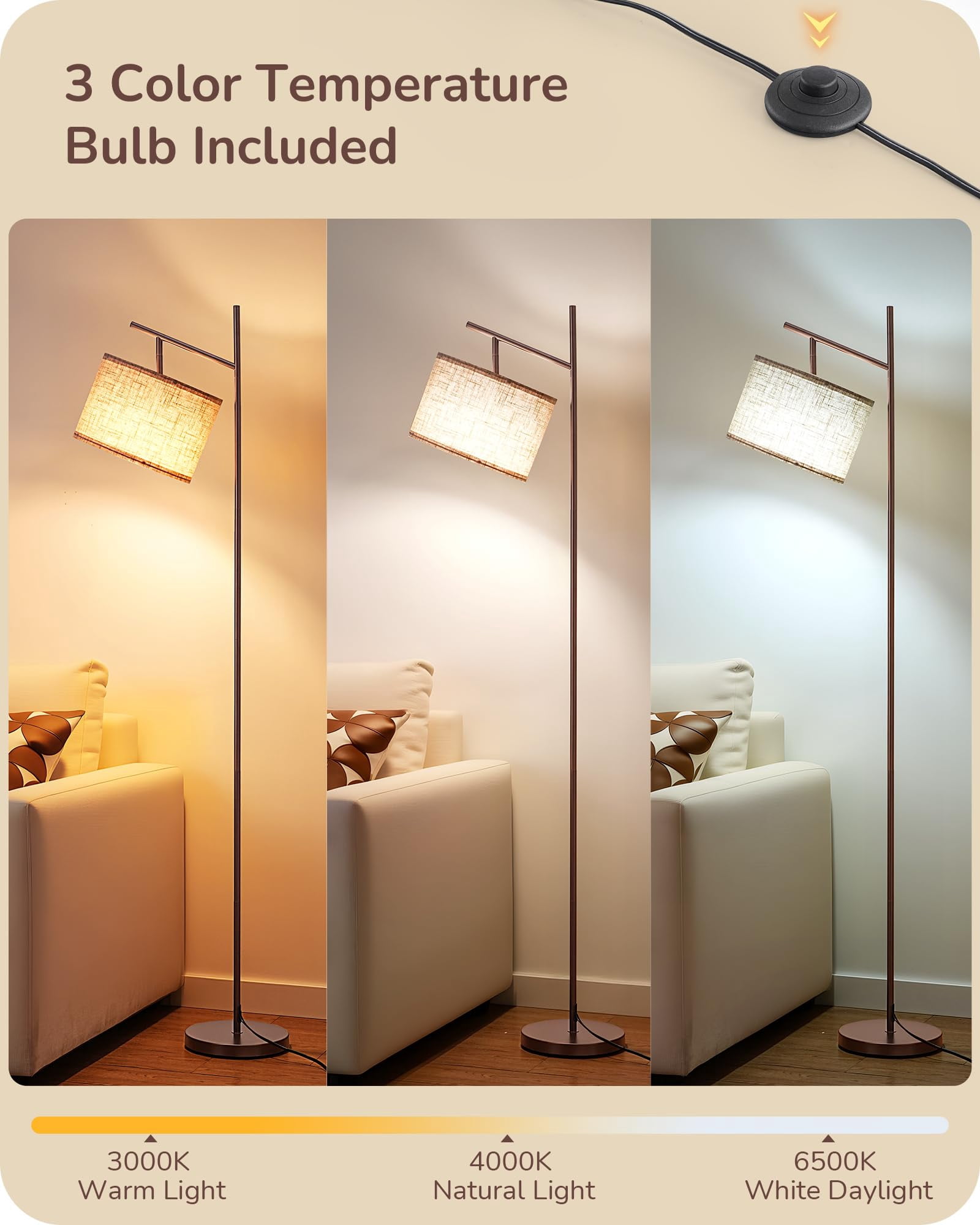 64.7" Modern Minimalist Brown Floor Lamp with Adjustable Linen Shade for Living Room Bedroom Office