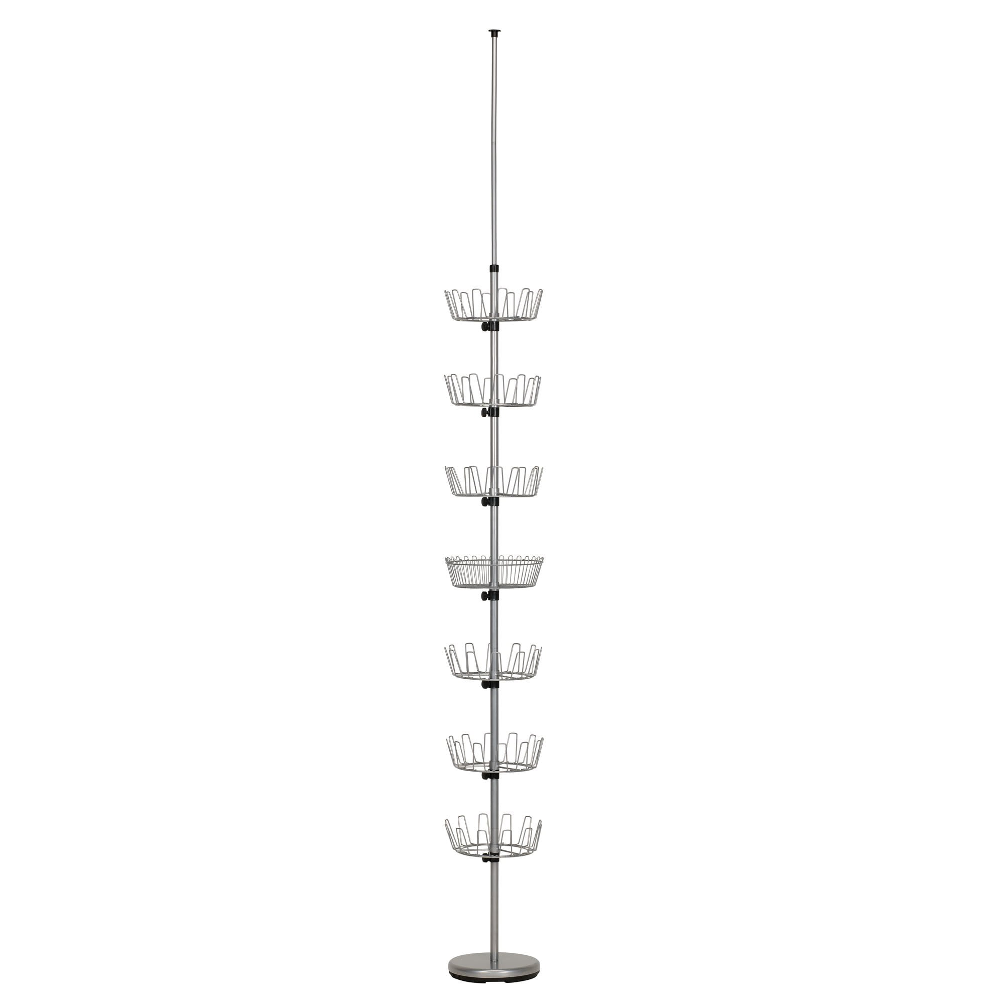Household Essentials 2197-1 Floor to Ceiling Adjustable 6-Tier Revolving Shoe Rack with Basket - Silver