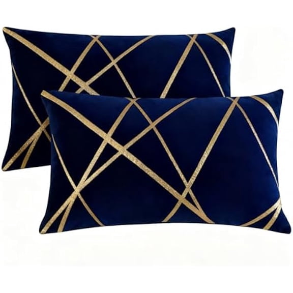 Eryueer Rectangle Cushion Covers Velvet Decorative 30 x 50 cm Navy Blue Throw Pillow Covers Gold Striped Cushion Case Soft Lumbar Couch Pillowcases for Sofa Living Room Bedroom Sets of 2