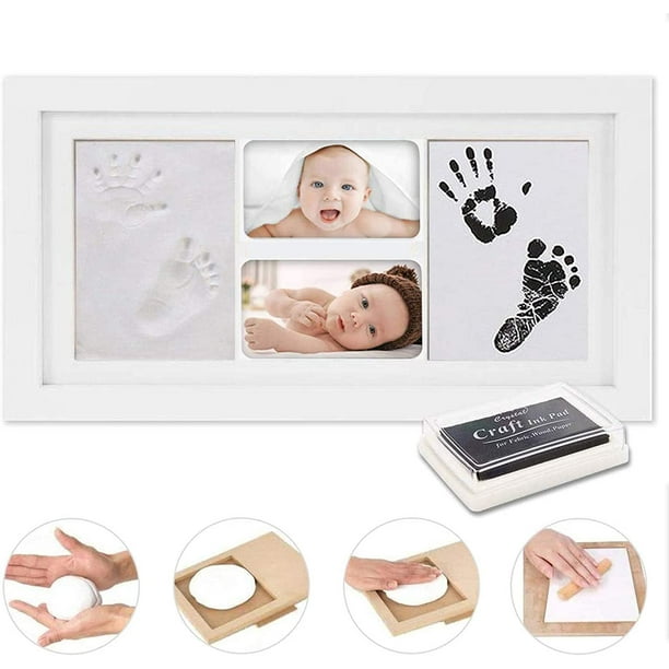 Baby handprint and footprint, baby wood picture frame with plaster cast