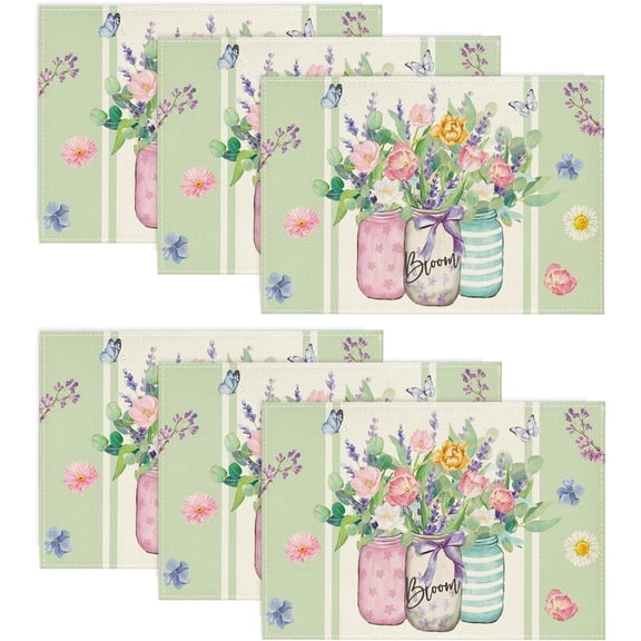 Vase Floral Spring Placemats Set of 6, 12x18 Inch Seasonal Summer Table Mats for Party Kitchen Dining Decoration