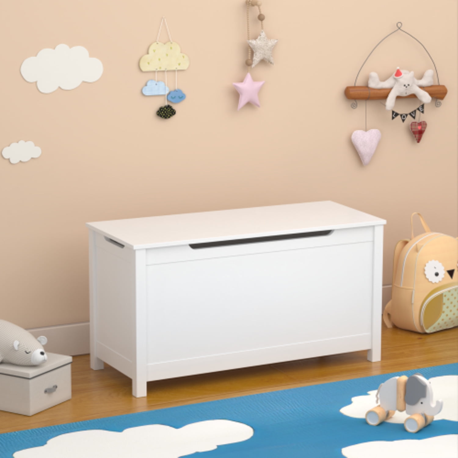 Kids Wooden Toy Box Storage with Safety Hinged Lid for Ages 2+ (Gray)