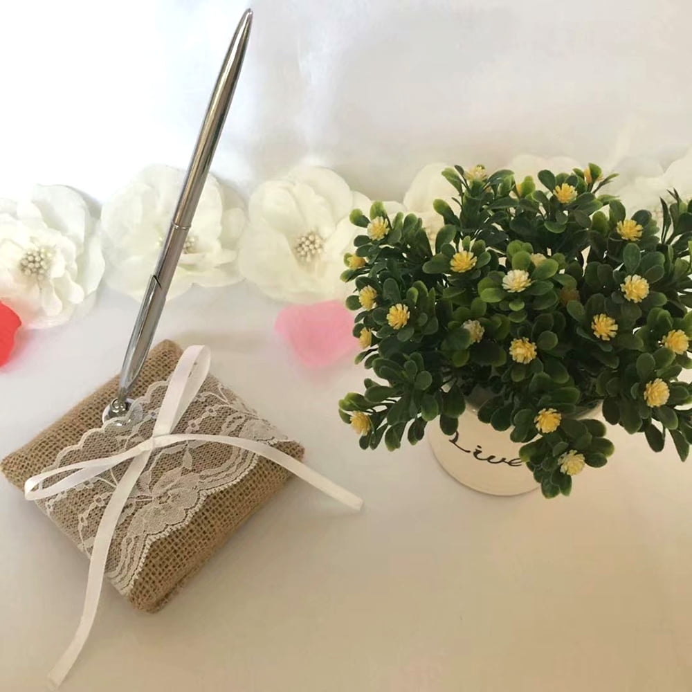 Htovila Wedding Signing Pen with Vintage Burlap Lace Holder Party Pen Set Wedding Bridal Engagement Decoration Supplies