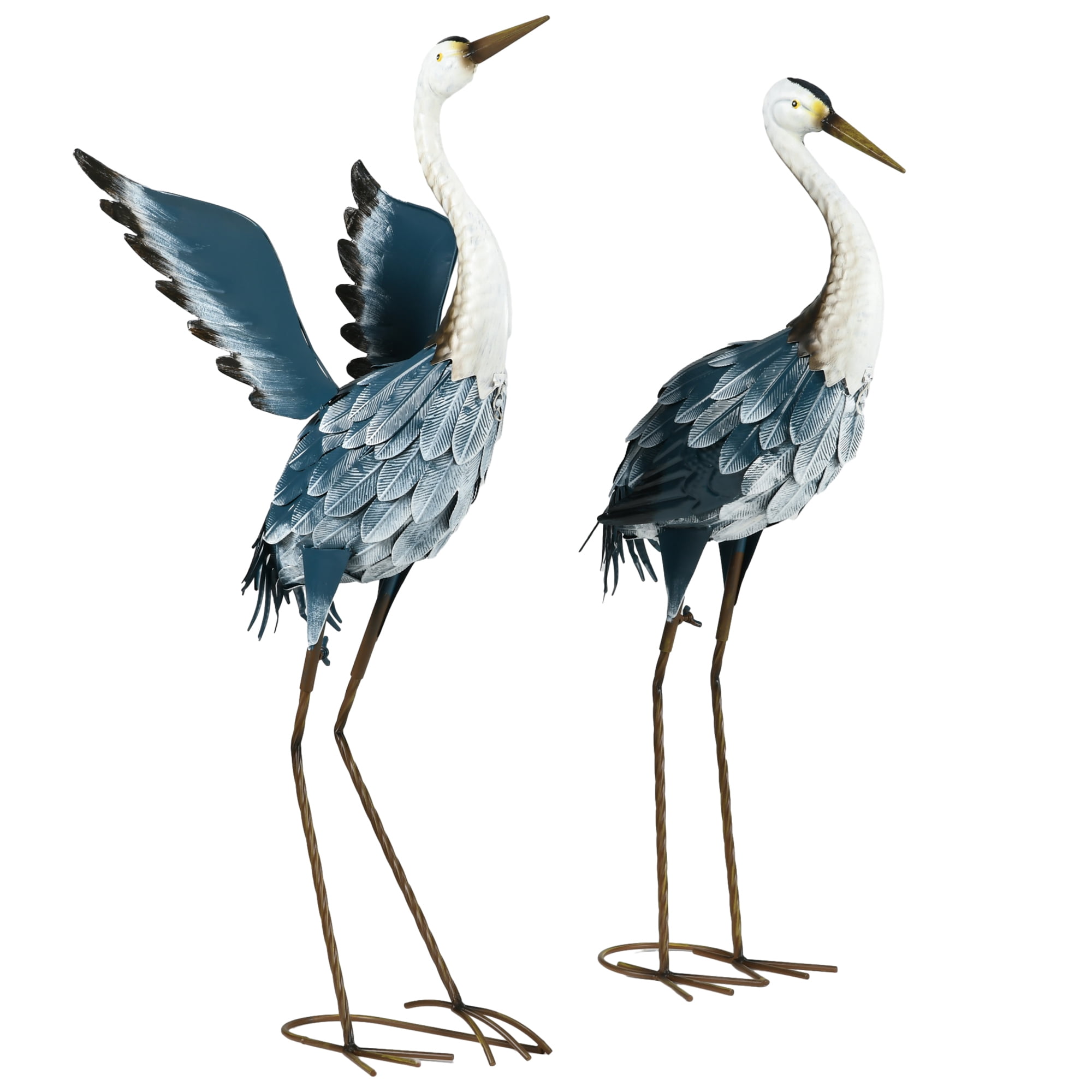 Outsunny Heron Garden Statues, 29" & 27.5" Standing Bird Sculptures, Metal Yard Art Decor, Landscape Decoration Set of 2, Blue & White