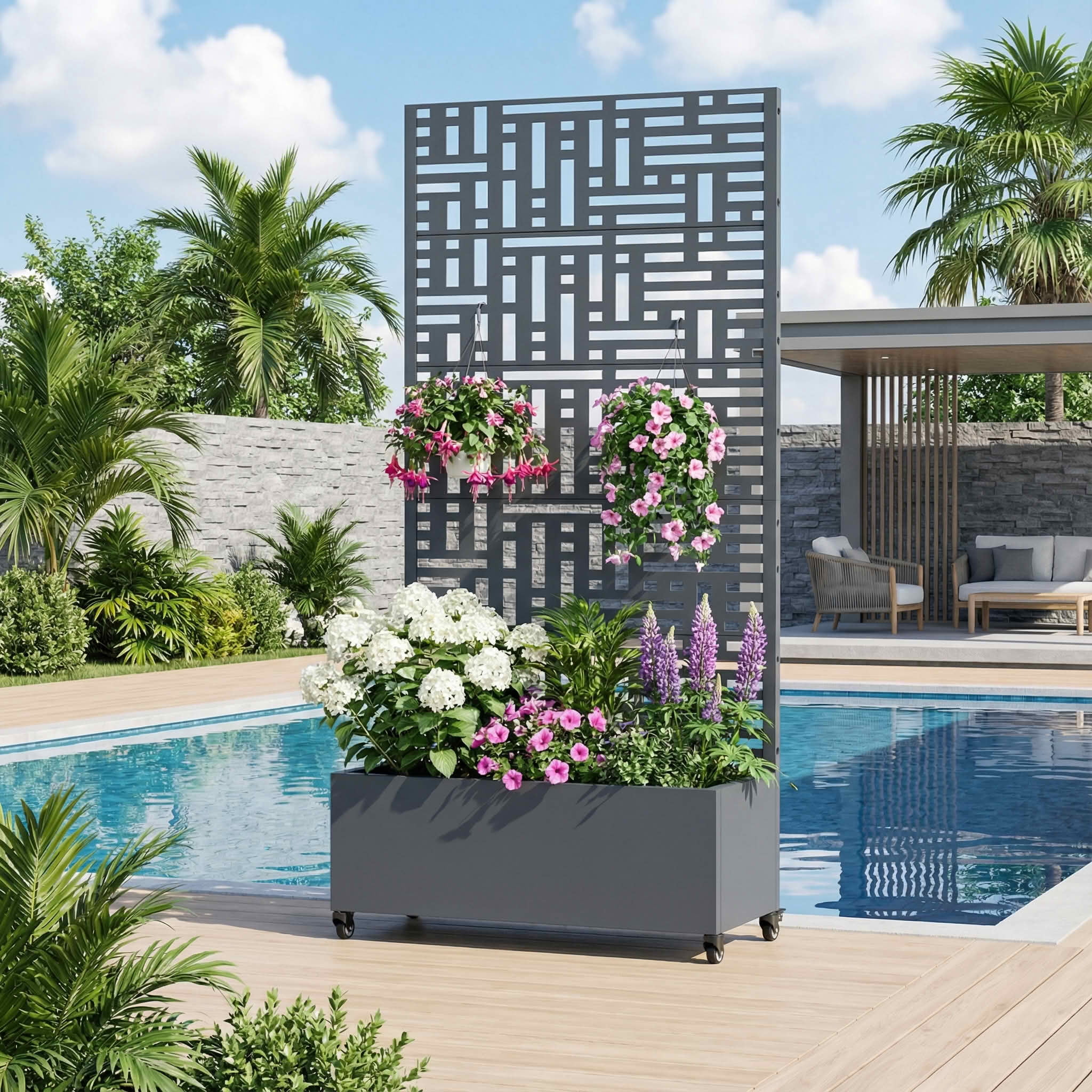 MAYEERTY 72X35" Metal Outdoor Cambrian Gray Privacy Screen with Planter Box for Backyard & Garden, 5 Piece Set