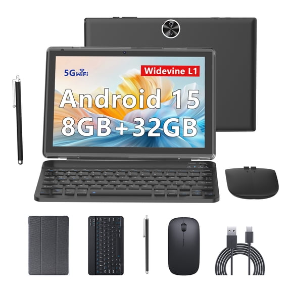 RUIQIAI Android 15, 2 in 1 Tablet with Keyboard, 10 inch Tablets, 8GB 32GB/2TB Expand, 2.4G 5G Wi-Fi 6, Dual Camera, 6000 mAh, BT, GMS, Games, with Case (Black)