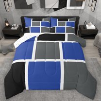 Feelyou Navy Grey Checkered Full Size Comforter Sets, Square Abstract Bedding Comforter Set, Modern Fashion Buffalo Reversible Bedding Sets, Lightweight Room Decor, 3-Piece