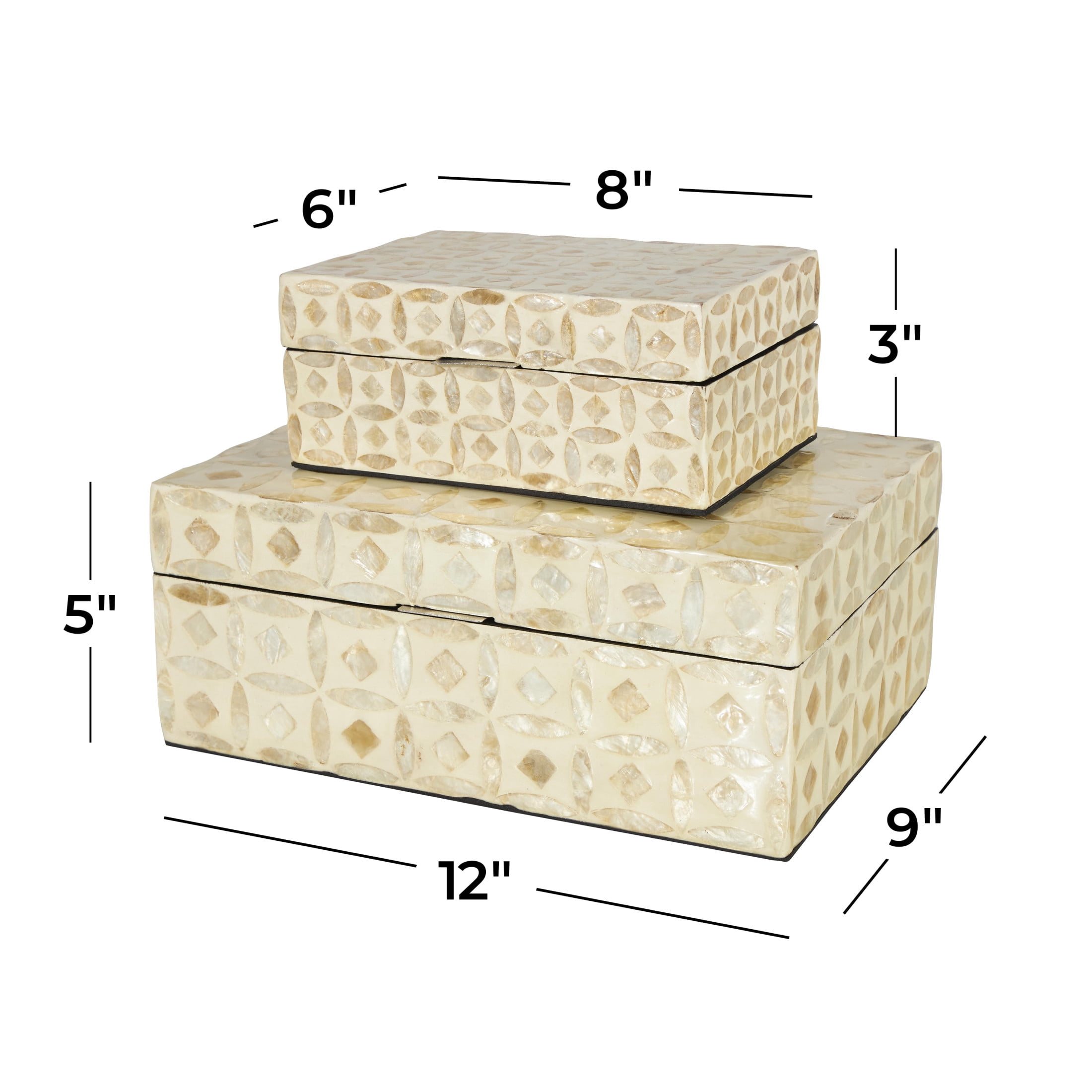DecMode Moroccan Mosaic Storage Beige Mother of Pearl Shell Decorative Box with Taupe Accents, 2 Count