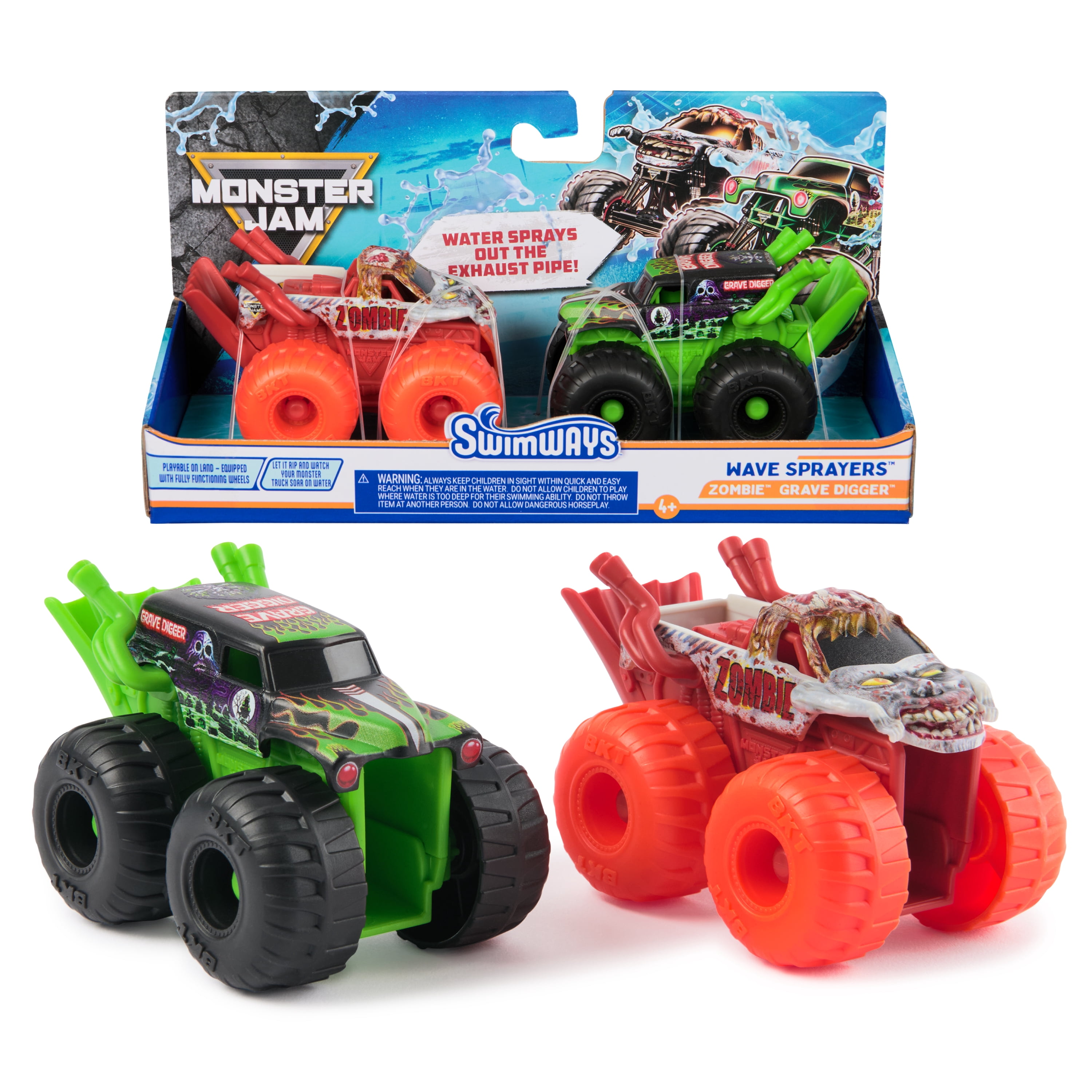 SwimWays Monster Jam Wave Sprayer Monster Pack, Grave Digger & Zombie Monster Truck 2-Pack, Kids Pool Toys, Pool Party Supplies, Monster Jam Toys for Kids Ages 4 & Up (No Batteries Required)