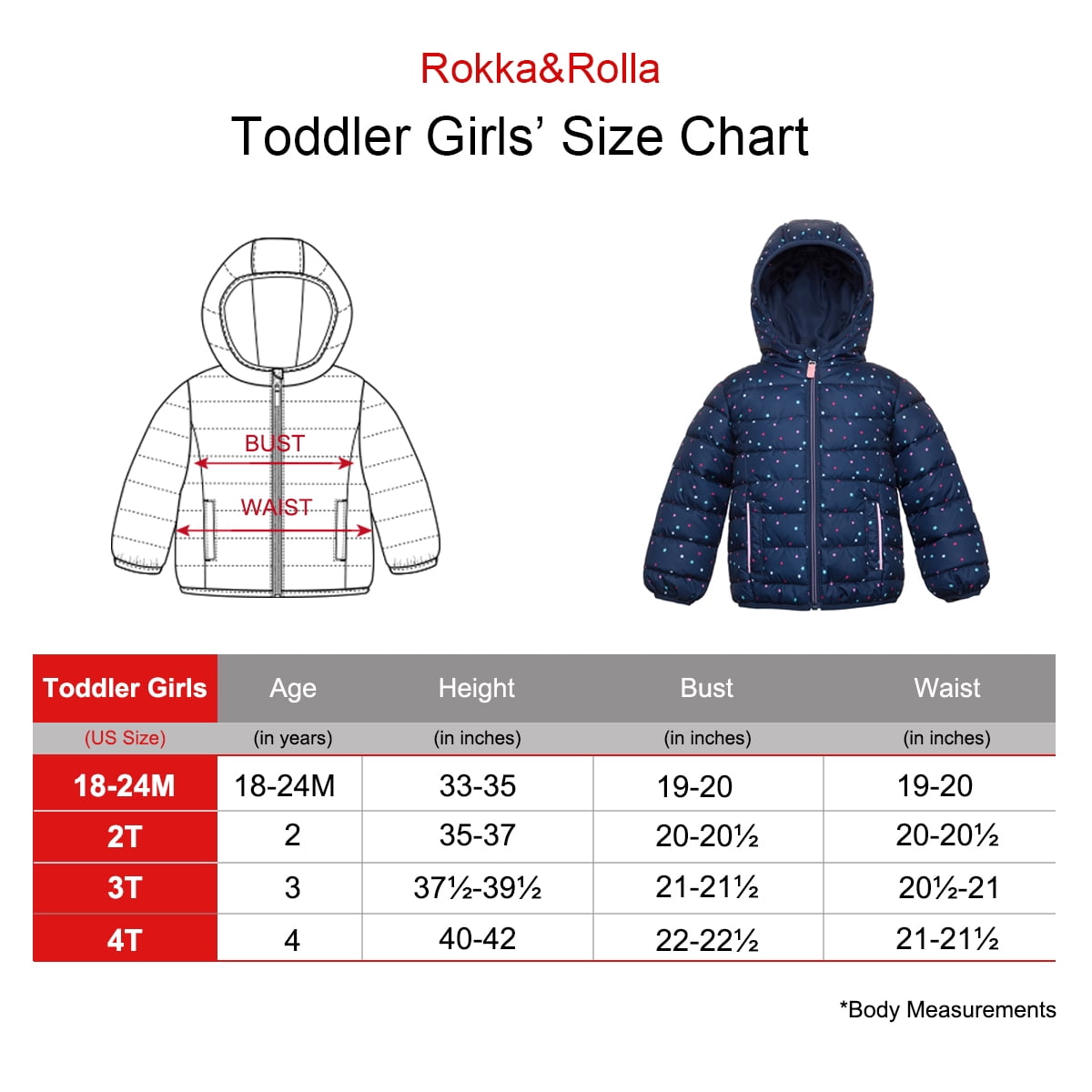 Rokka&Rolla Baby Girls' Light Puffer Jacket Toddler Winter Coat, Sizes 18M-4T