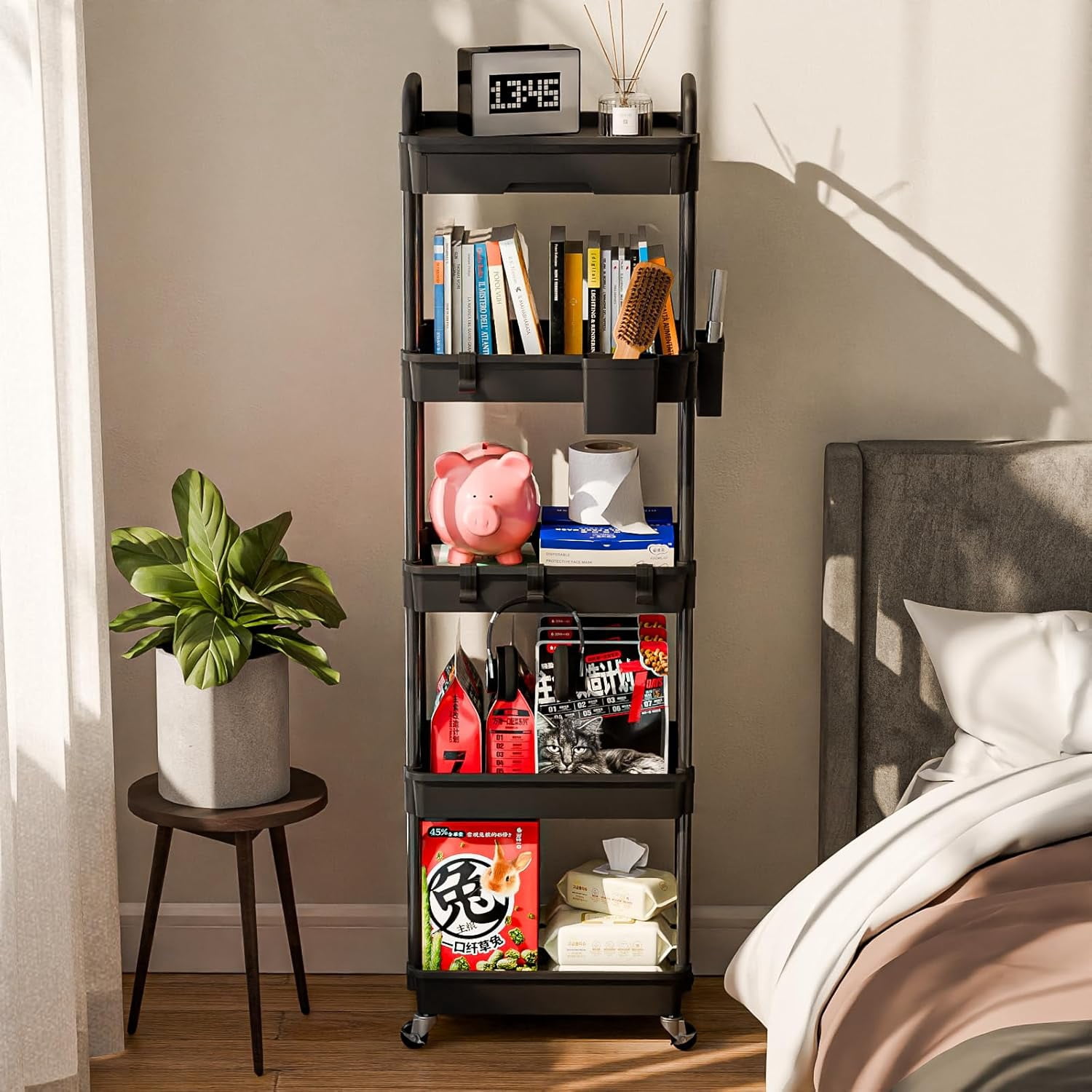 5 Tier Rolling Utility Cart, Mobile Storage Shelves with Wheels for Bathroom Laundry Office Home, Black