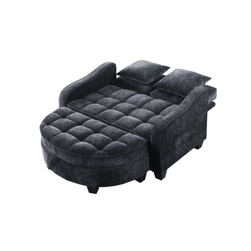 Double Sofa Chaise Lounge with 2 Pillows and Irregular Armrests, 2-Seater Sofa with Storage Ottoman, Convertible Sleeper Sofa Bed for Living Room Bedroom