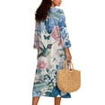 thumbnail image 2 of COEQINE Comfortable Chic Dress for Women 3/4 Sleeve Wrap A Line Cocktail Dress Linen Look Midi Tunic, Loose Fit Stylish Sundress, Size M, Hummingbird Butterfly Flower, 2 of 6