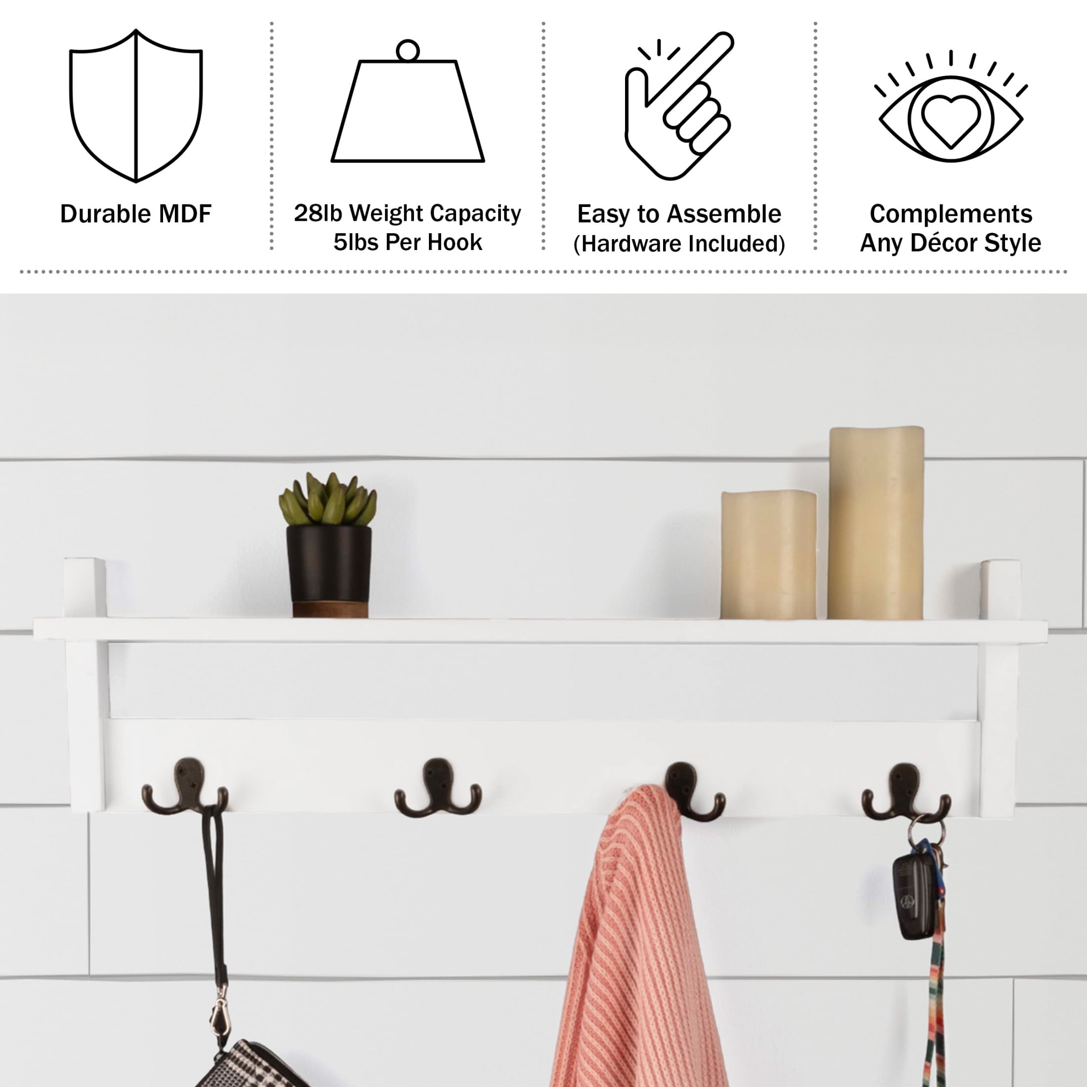 Lavish Home Coat Rack with Shelf - Wall Mount Shelf with 4 Hooks (White)
