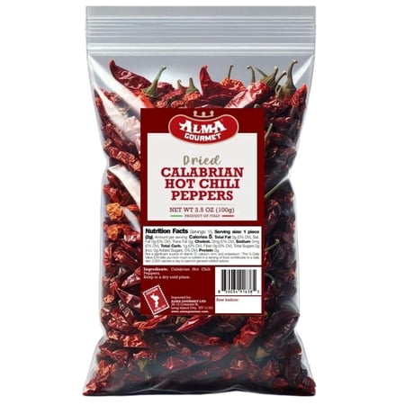 Alma Gourmet Whole Dried Calabrian Red Hot Chili Peppers - Peperoncino Secco Calabrese, Gluten Free, No Allergens, Imported from Italy, 3.5 Oz (100 G)
