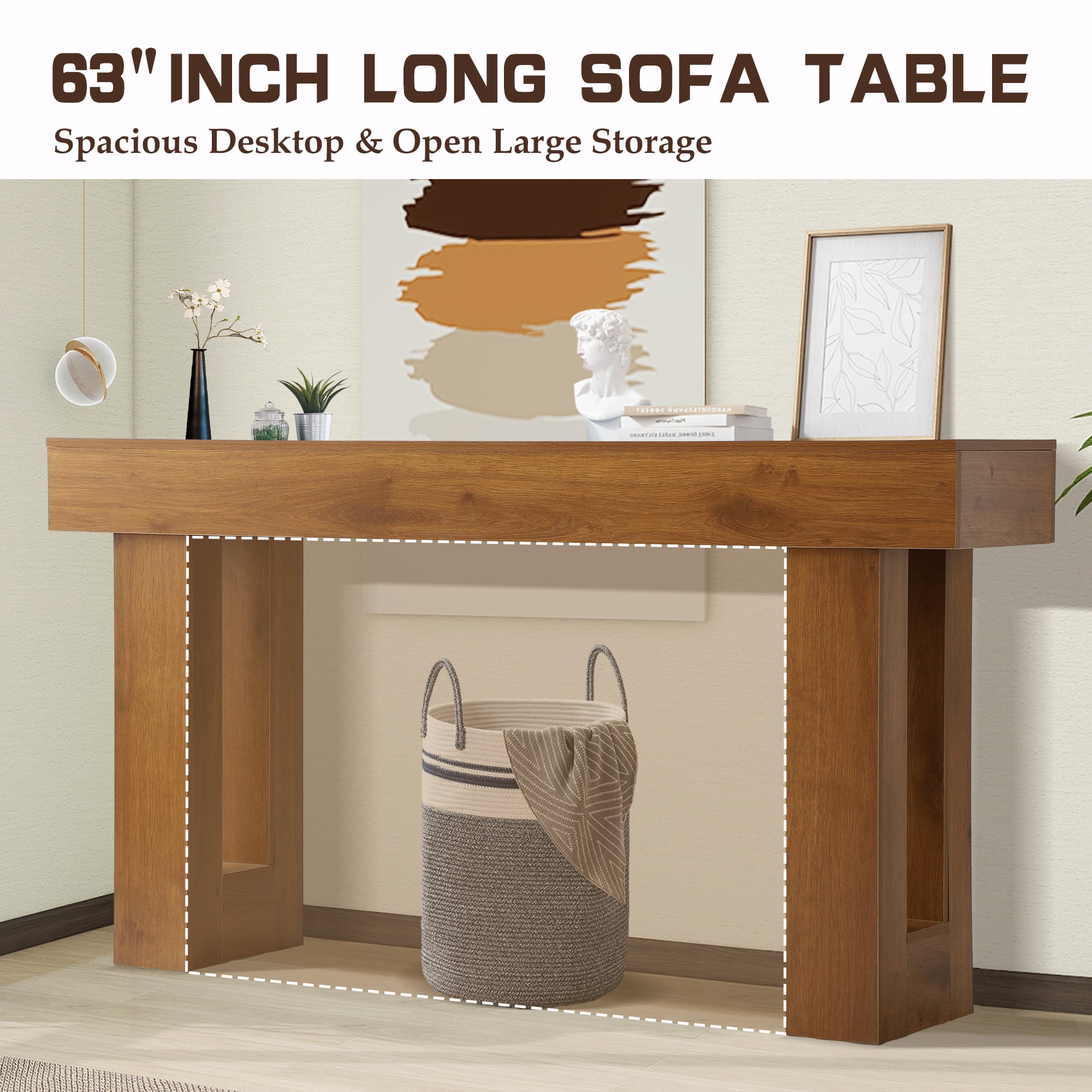 Magic Union 63" Long Console Table for Entryway, Wood Rectangular Sofa Table Behind Couch with 2-tier Open Storage and Weighted Base, Foyer Accent Tables for Entryway, Hallway, Living Room